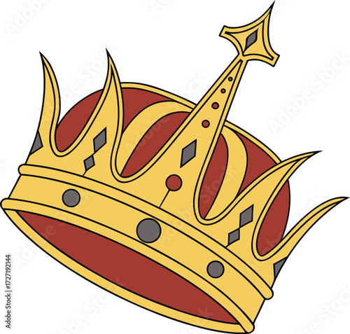 Vector art of a golden crown with red accents and jewels, symbolizing royalty and power, isolated on a