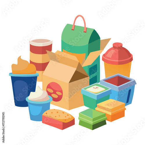 Fast food packaging set illustration with paper boxes, cardboard containers, juice carton, and takeaway cups with straws, colorful vector design on white background