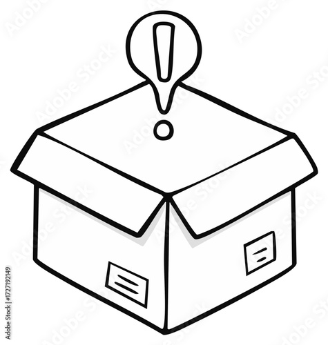 Open cardboard box with an exclamation mark symbol in a speech bubble above indicating surprise or attention