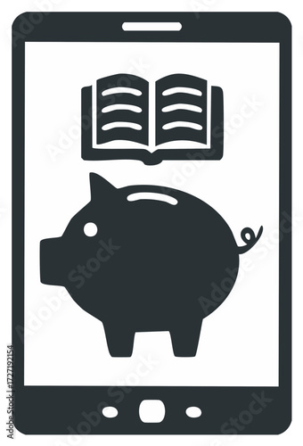 Tablet screen with a book and a piggy bank icon, education, finance concept.