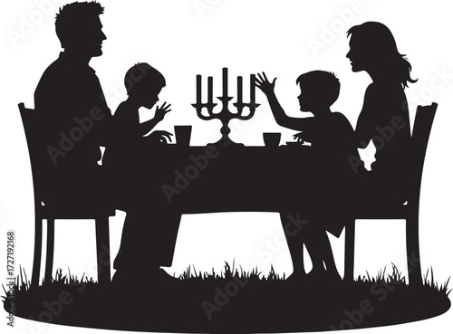 Family silhouette at table with candelabra and grass