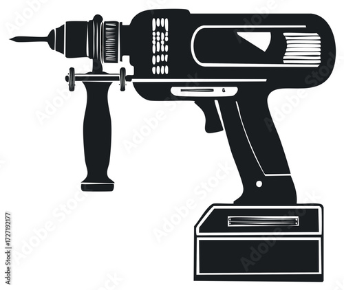 Vector illustration of portable cordless power drill with side handle and battery pack, black design element