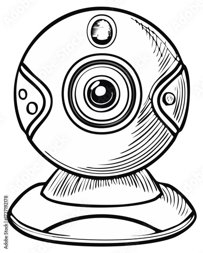 Retro web camera with stylized lens and audio input on a stand