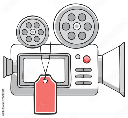 Vintage Movie Camera with Price Tag Icon Depicting Film Industry Costs