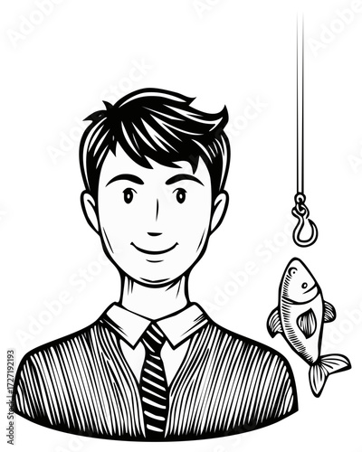 Smiling businessman with a fish on a hook representing business strategy or an enticing offer