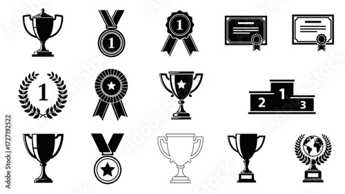 Black Silhouette 14 Winning Icons Set – Trophy, Medal, Certificate, Laurel, Award, Badge, Podium Vector Collection