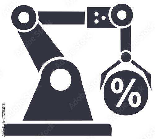 Industrial robotic arm holding a percentage symbol representing finance and automation