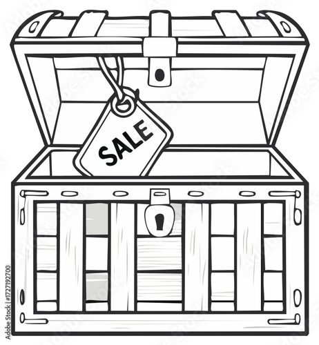 Black and white line art of an open treasure chest with a hanging sale tag
