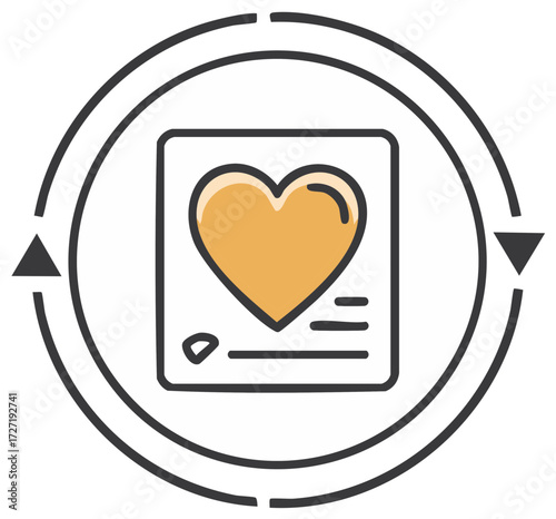 Icon depicting a gold heart on a card surrounded by a circular arrow symbolizing feedback or interaction