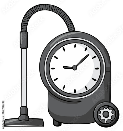 Abstract vacuum cleaner with clock face, indicating time passing, illustrates procrastination metaphor