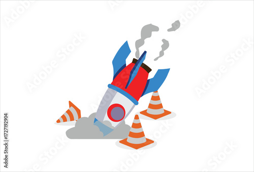 Business failure or depression, crashed rocket plans, stupidity, technical errors, startup failure. icon vector template design element