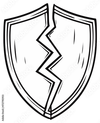 Hand drawn broken shield with a jagged lightning crack depicting failure or weakness