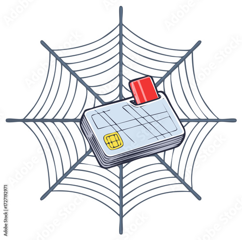 Credit card trapped in a digital spider web representing online financial danger and vulnerability
