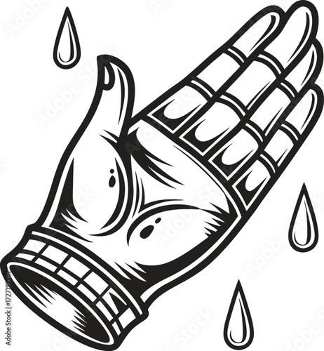 Illustration of a gloved hand with drops of liquid falling around it, isolated on a