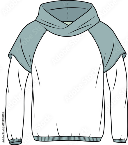 Stylish hoodie with contrast sleeves and crossover collar, CAD drawing flat vector illustration, modern casual fashion design template