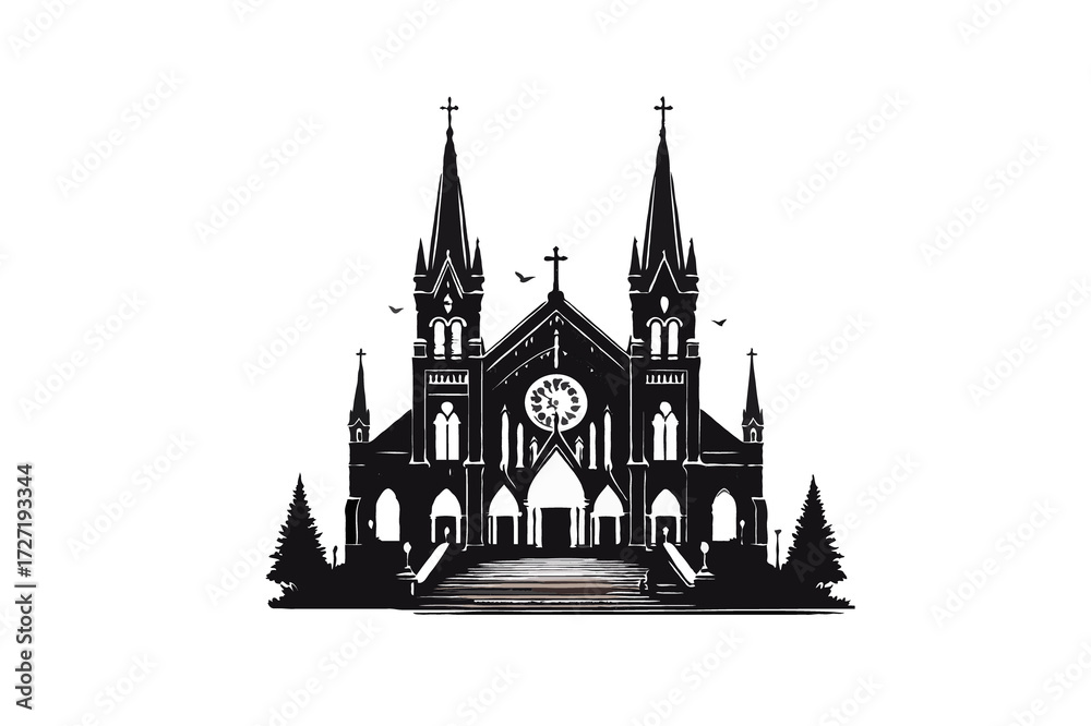 Fototapeta premium Gothic church silhouette with spires and crosses building architecture