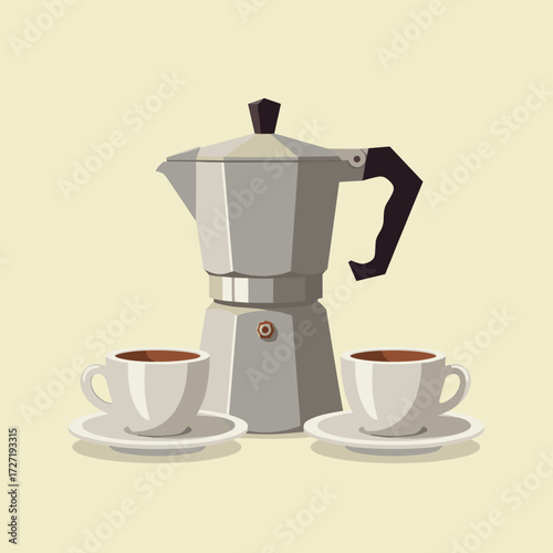 A charming flat vector illustration showcasing a traditional stovetop coffee maker alongside two cups of freshly brewed coffee, perfect for a relaxing morning or a delightful break