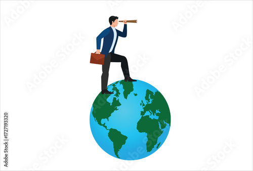 Globalization, global business vision, world economics or business opportunity concept, smart businessman standing on globe, planet earth using telescope to see vision or future opportunity.