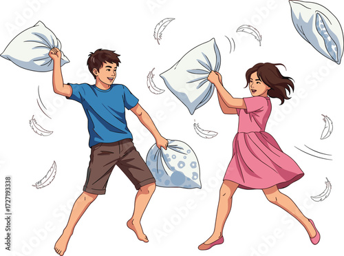 Children, pillow fight, feathers, playful, fun, indoor, action, siblings, energetic, white background, childhood, happy, motion, swinging, laughing, blue shirt, pink dress, home, carefree, dynamic