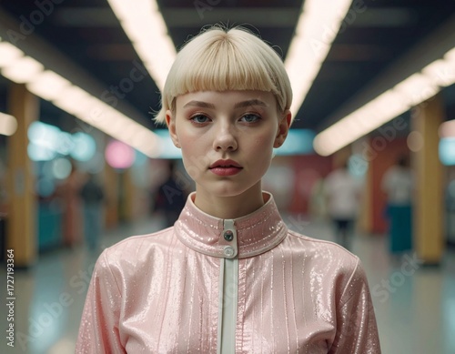 A Y2K retro style photo of a blonde girl in a shiny pink jacket, centered under futuristic ceiling lights, highlighting a cool and modern digital atmosphere