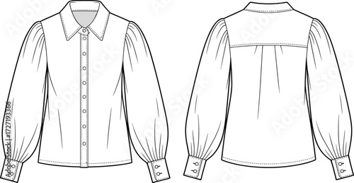 Women's blouse technical fashion sketch, front and back view, voluminous sleeves, pleated cuffs, yoke detail, cad drawing flat vector illustration