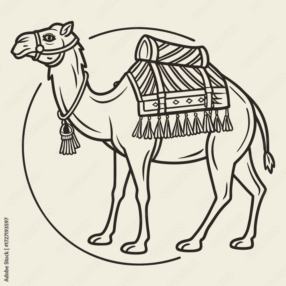 Fototapeta premium Vector art of line art illustration of a camel with a saddle and blanket, isolated on a light beige background