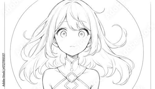 Illustration Of A Wide-Eyed Anime Girl With Flowing Hair Inside Circular Frame, Soft Portrait