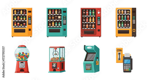 A vibrant collection of modern and retro self-service machines, including beverage and snack vending dispensers, classic arcade games, and prize claw machines, offering convenience