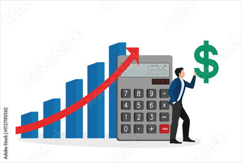 Calculate revenue growth growing income investment earning tax accounting or profit calculation financial evaluation concept, businessman money calculator growth chart diagram growing arrow.