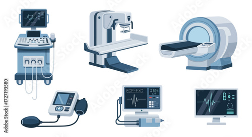 Modern medical equipment suite for comprehensive healthcare, featuring advanced diagnostic imaging, patient monitoring, and essential clinical examination tools