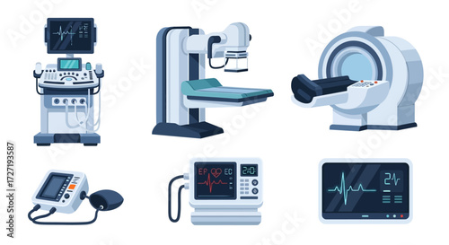 Medical equipment illustration featuring ultrasound, x-ray machine, MRI scanner, blood pressure monitor, and other vital sign measuring devices for healthcare diagnostics