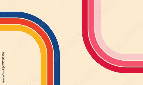 Retro curved parallel lines in blue, red, yellow, and pink against a beige background, evoking a 70s aesthetic.