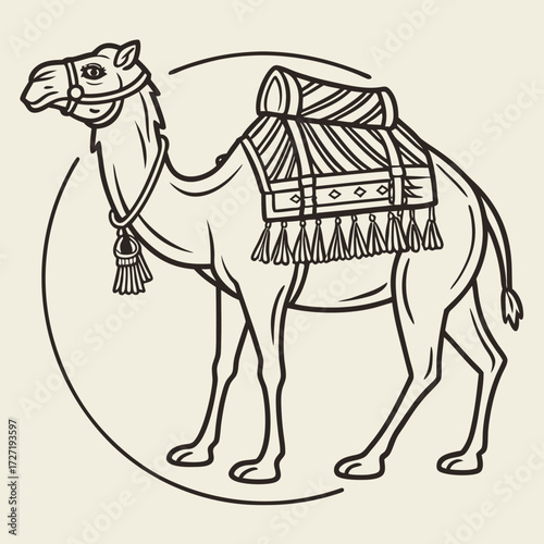 Vector art of line art illustration of a camel with a saddle and blanket, isolated on a light beige background
