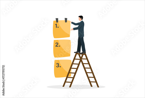 Set work priority, arrange to do list which job to do before and after, task management concept, young entrepreneur businessman manage to prioritize sticky note with number first, second and third.
