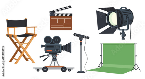 Set of film-making tools and props including a director's chair, clapperboard, lighting equipment, vintage camera, microphone, and green screen, studio concept
