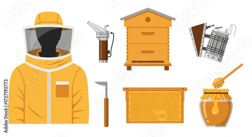 An array of essential beekeeping tools and equipment, including protective gear, a smoker, a wooden beehive, a hive tool, a honey extractor, and a jar of honey
