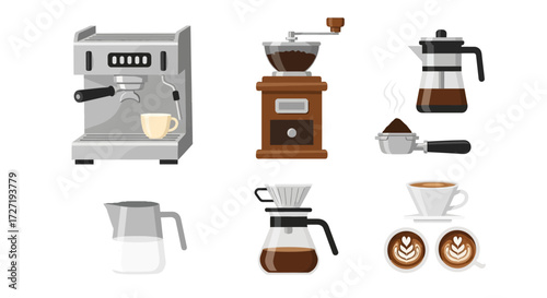 A Vector Illustration of Coffee Equipment Depicting a Coffee Machine, Grinder, Coffee Maker, Milk Frother, and Coffee Cups, Ideal for Coffee Shops and Cafes