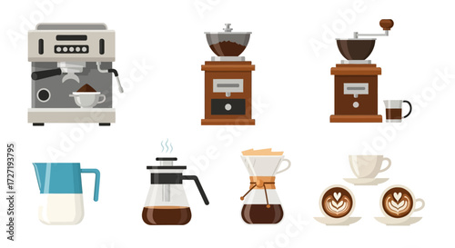 Variety of coffee brewing equipment and supplies, including an espresso machine, coffee grinders, pour-over devices, and latte art, presented in a flat, vector illustration style