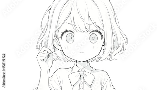 Black and white pencil sketch of a young anime girl with short hair and bow, surprised face. Great for kawaii art, manga, school themes, illustration, comics, or character design projects.