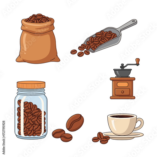 A charming illustrated set of coffee-related items, showcasing roasted beans in a sack and jar, a manual grinder, a scoop, and a freshly brewed cup