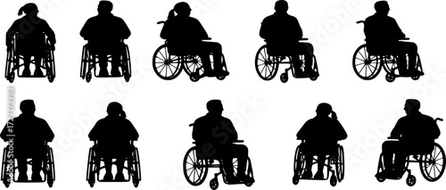 Couple in wheelchair vector silhouette set
