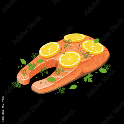 Salmon fillet garnished with lemon slices and fresh herbs  