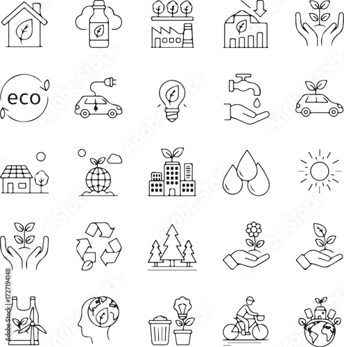 Ecology energy icon set. Containing renewable energy, ecology, green electricity, and more. Editable stroke. Vector illustration
