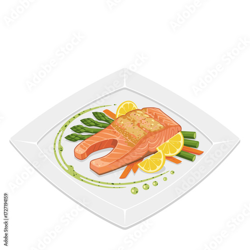 Grilled salmon fillet with asparagus and lemon on white plate  