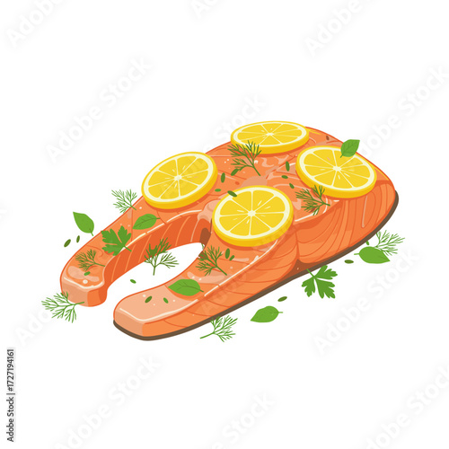 Salmon fillet with lemon slices and herbs on white background  
