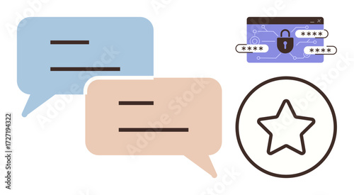 Speech bubbles for messaging, browser window with password lock for security, star in circle for review or recognition. Ideal for cybersecurity, communication, privacy, trust, feedback, evaluation