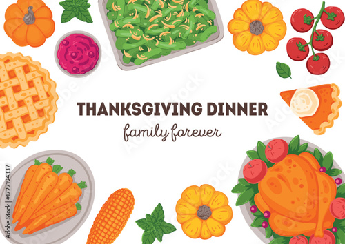 Thanksgiving day, family dinner. Hand drawn flat style. Top view vector illustration. Festive dinner with turkey and potato, apple pie, vegetables, fruits. Autumn food