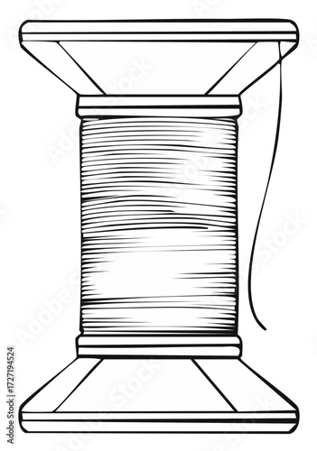 Monochrome Illustration of a Thread Spool with Wound Fiber, Sewing Concept, Tailoring Hobby