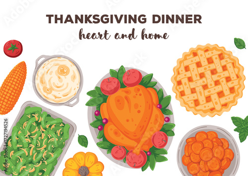 Thanksgiving day, family dinner. Hand drawn flat style. Top view vector illustration. Festive dinner with turkey and potato, apple pie, vegetables, fruits. Autumn food