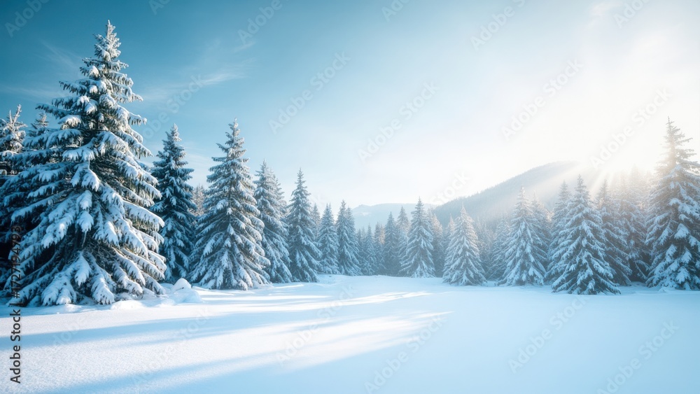 Fototapeta premium A serene and picturesque scene of a snow-covered forest with tall pine trees, creating a winter wonderland atmosphere that evokes the beauty of nature, tranquility, and the holiday season.